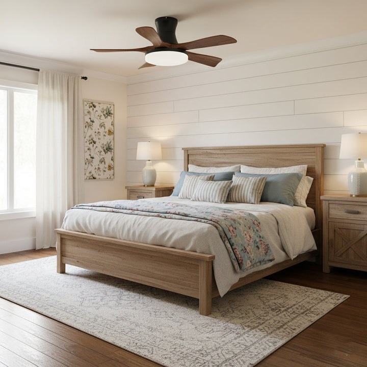 Bedroom modern ceiling fan lamp, dimmable LED light & remote for comfort and style.