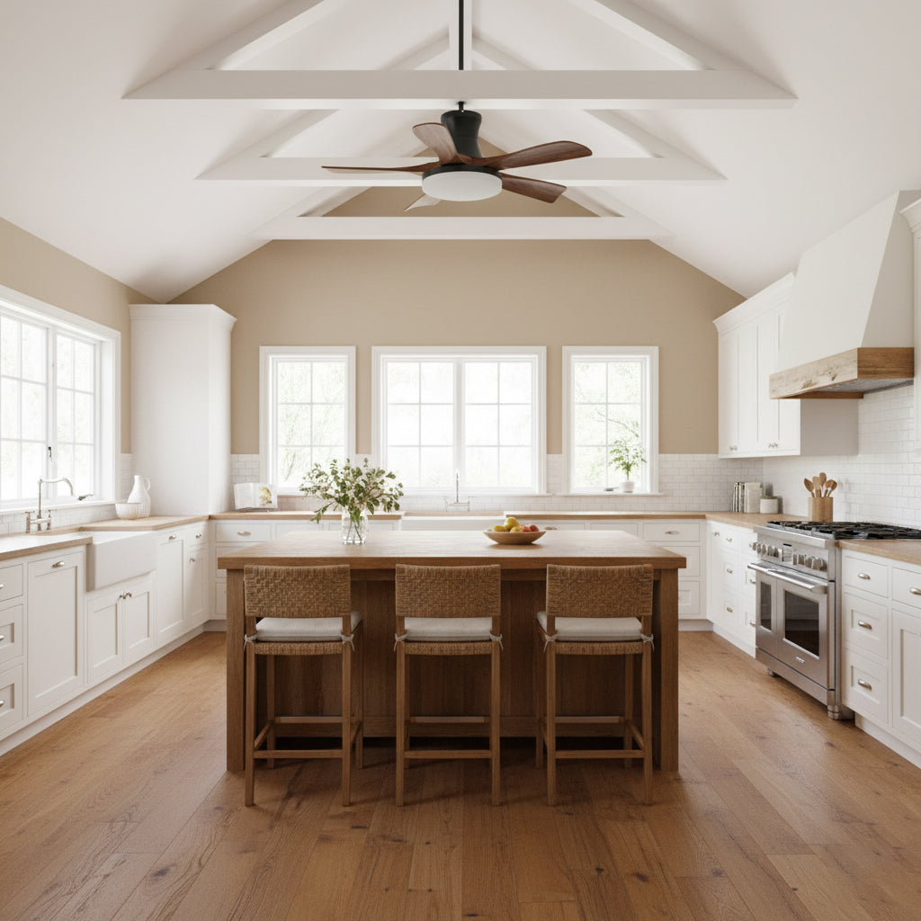 Contemporary ceiling fan light with integrated LED, remote control, adjustable fan speeds.