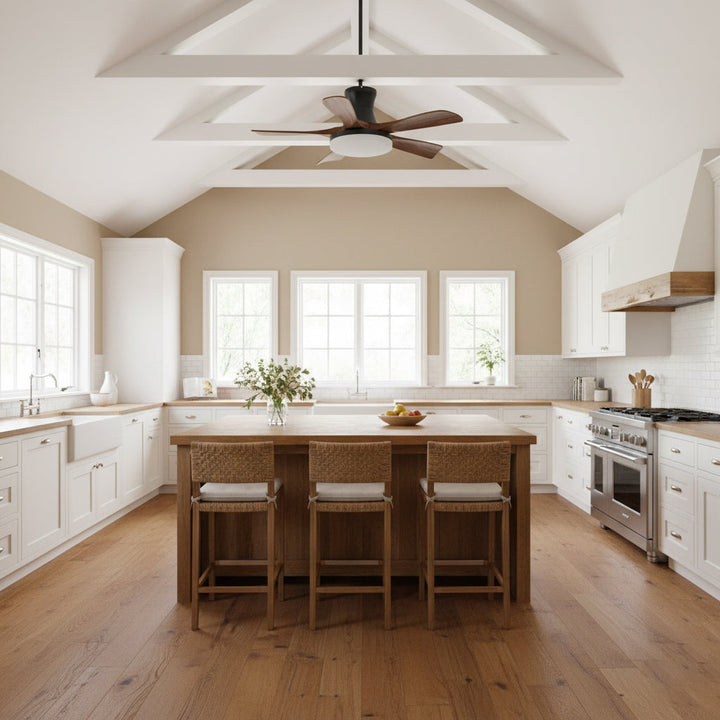Contemporary ceiling fan light with integrated LED, remote control, adjustable fan speeds.