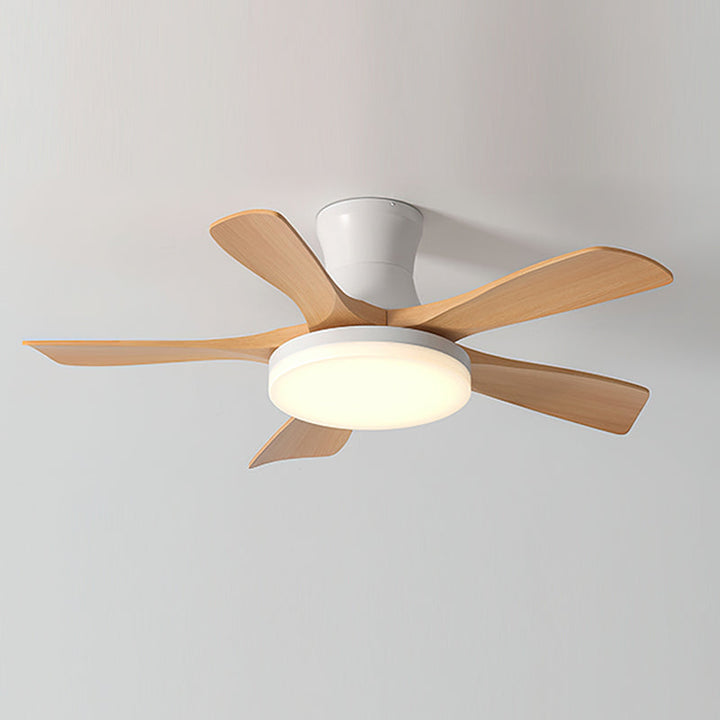 Energy-efficient LED ceiling fan lamp with remote control, modern lighting & air circulation.
