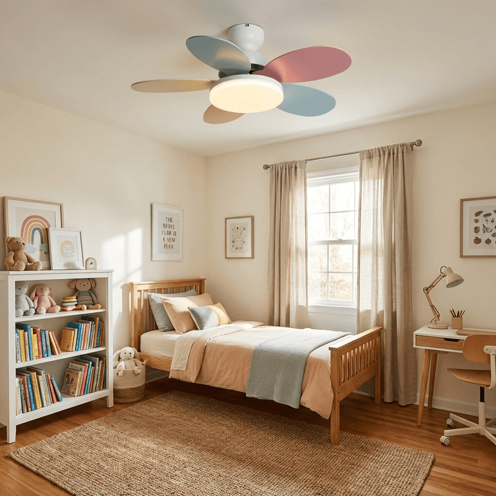 Living room ceiling fan, remote-controlled, with warm LED light and wooden blades.