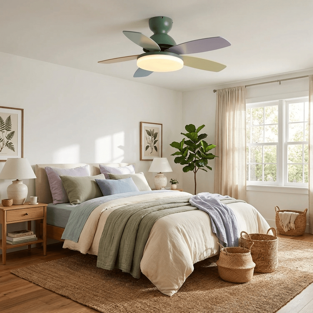 Modern ceiling fan, energy-efficient, with warm integrated LED light for comfort.