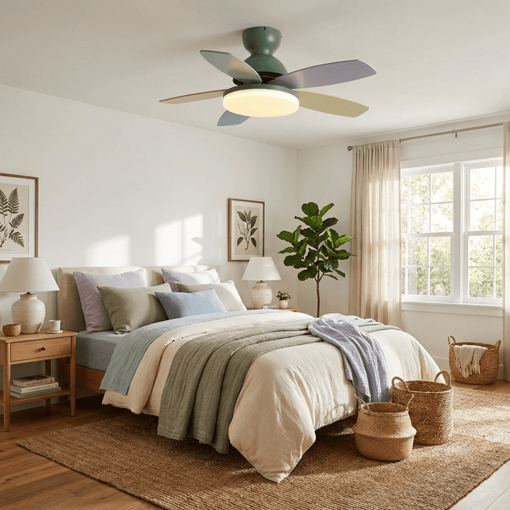 Modern ceiling fan, energy-efficient, with warm integrated LED light for comfort.
