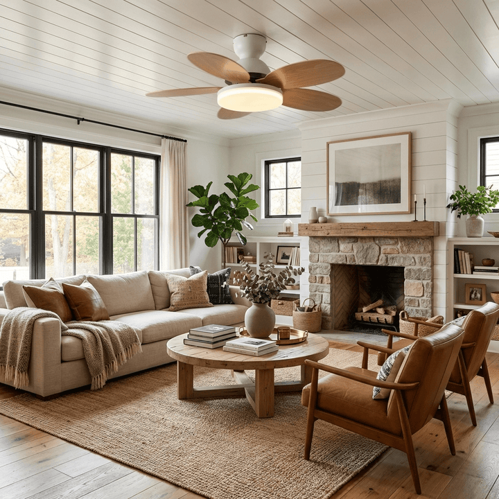 Home lighting solution: Modern ceiling fan with warm LED light & remote.