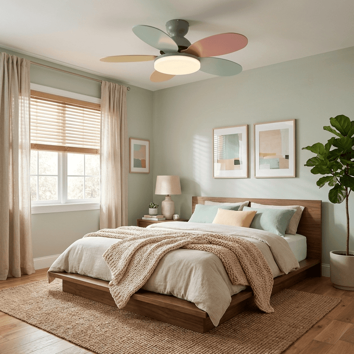 Contemporary indoor fan with warm LED light and smooth, quiet operation.