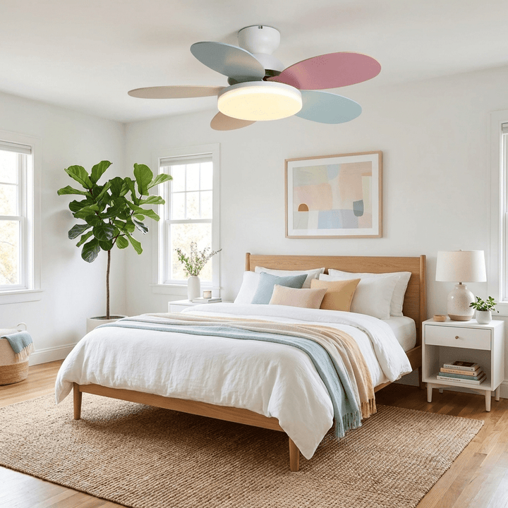 Ceiling fan with warm LED light, modern design, and durable wooden blades.