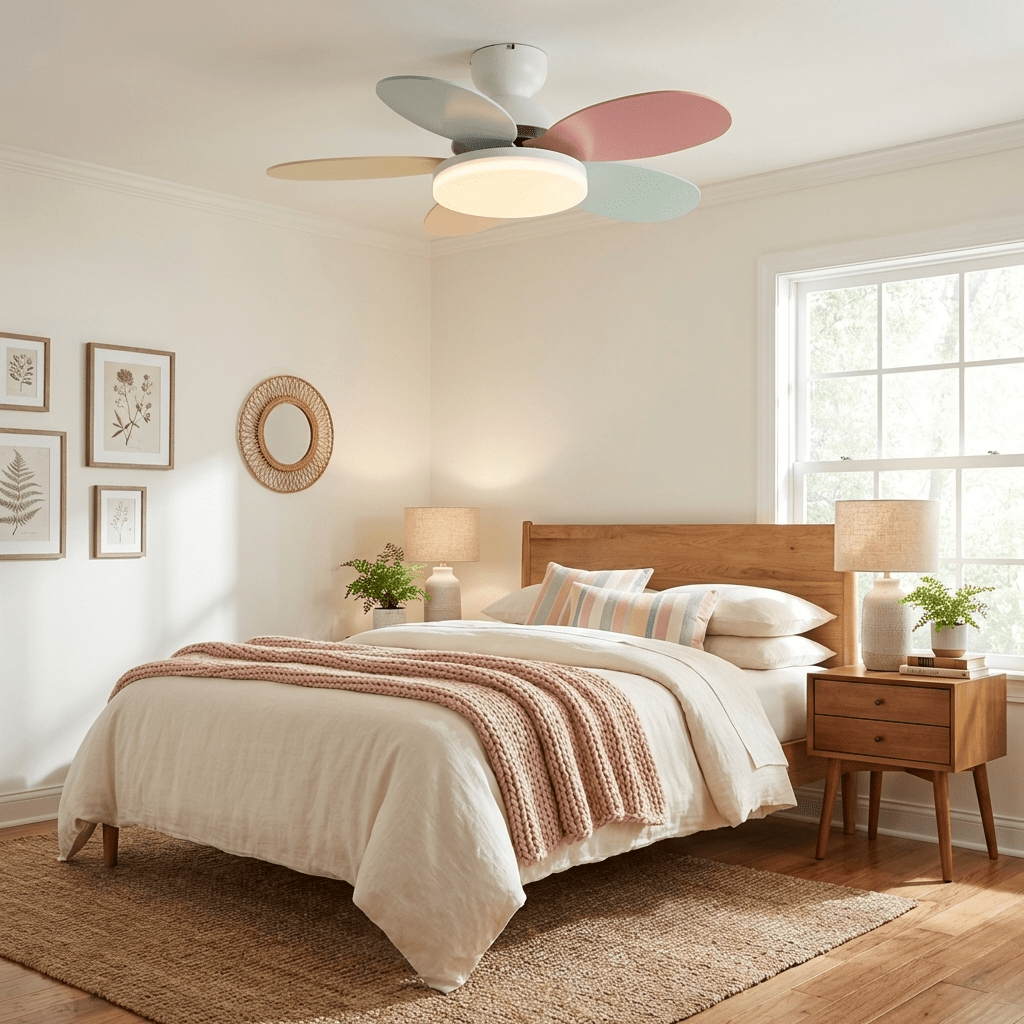 Remote control modern fan with integrated warm LED light, easy to use.