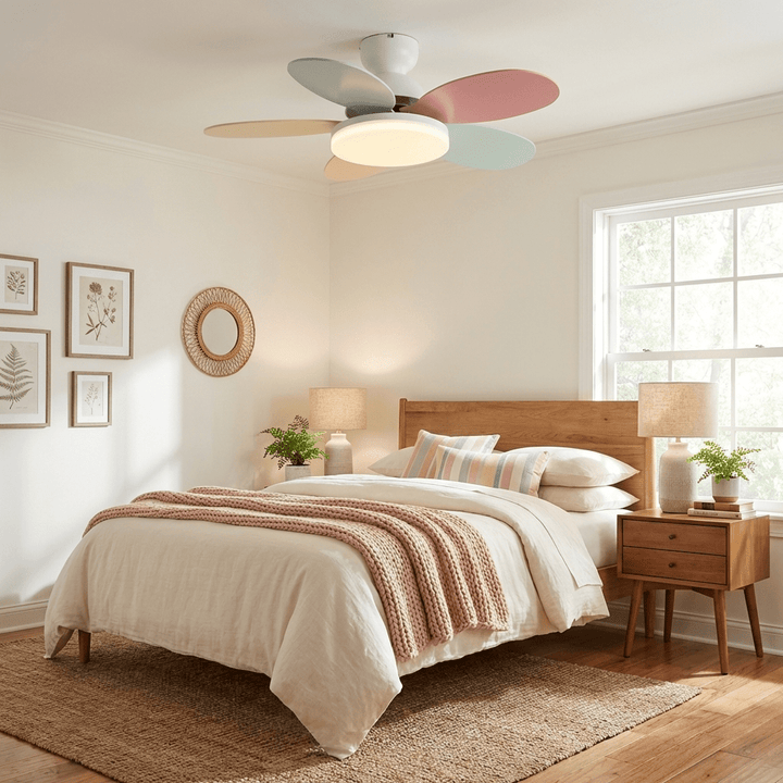 Remote control modern fan with integrated warm LED light, easy to use.