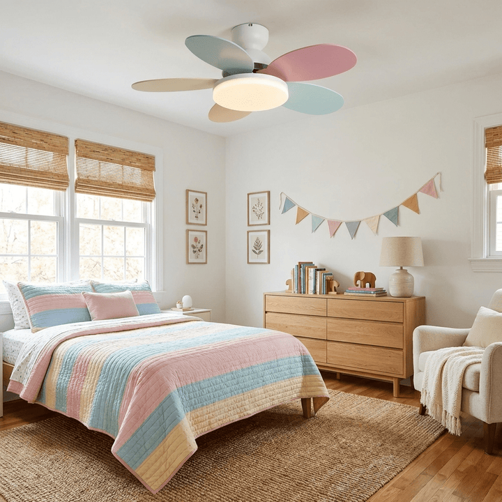 Elegant ceiling fan for living room, features warm LED light & modern design.