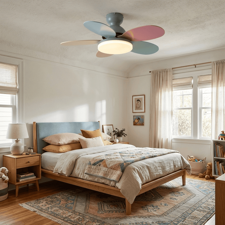 Bedroom modern fan with warm integrated LED light, providing gentle airflow.