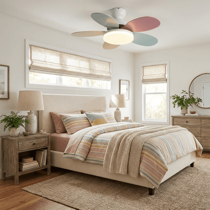 Stylish wooden blade ceiling fan with warm LED light, enhancing home decor.
