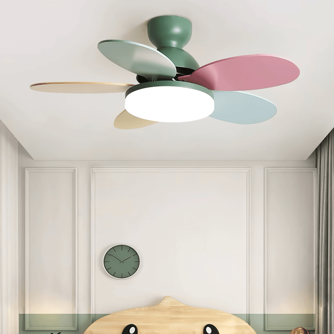 Indoor ceiling fan with warm LED light, a sleek and functional home appliance.