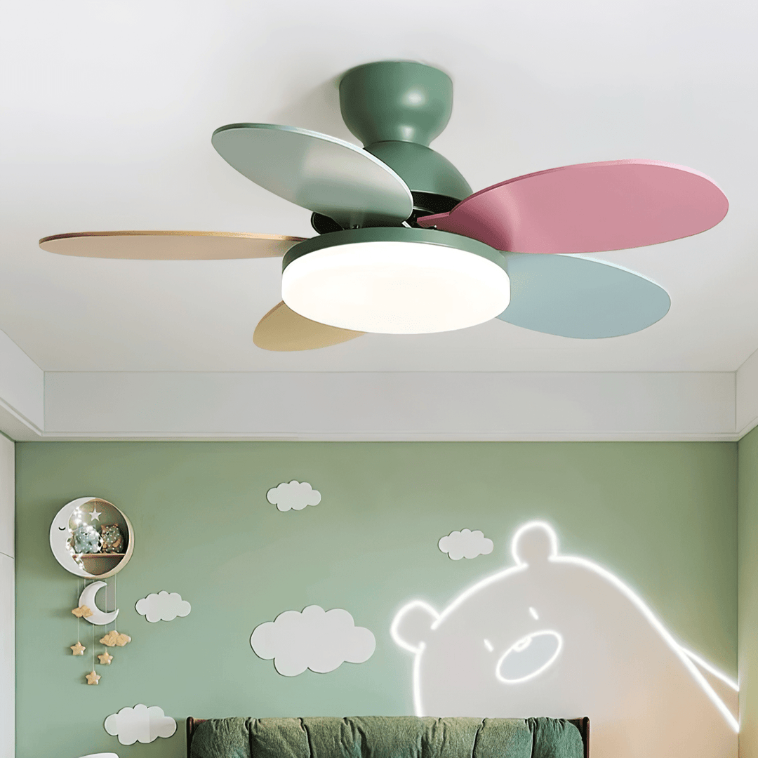 Remote-controlled modern ceiling fan with warm LED light, perfect for relaxation.
