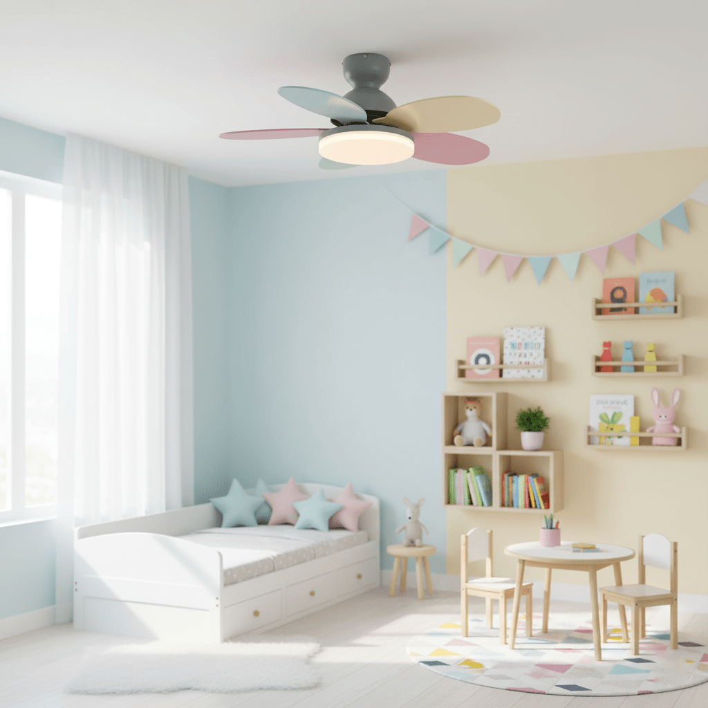 Living room ceiling fan with warm LED light, modern look, and efficient cooling.