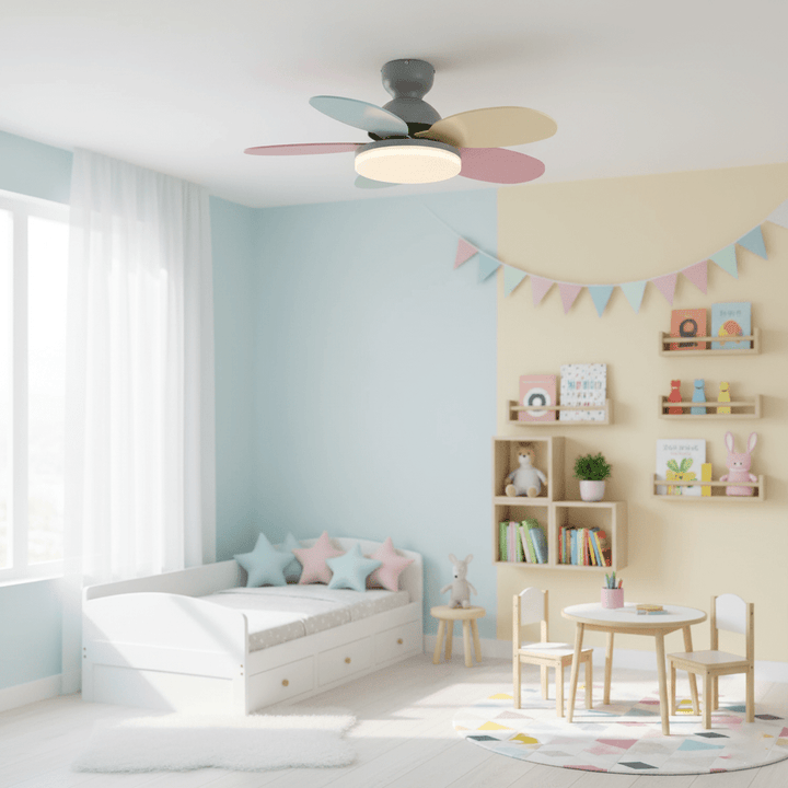 Living room ceiling fan with warm LED light, modern look, and efficient cooling.
