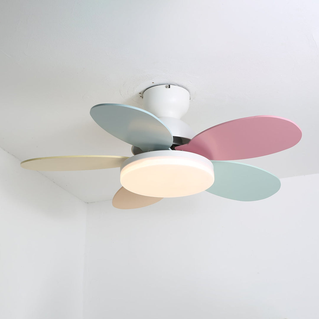 Contemporary ceiling fan, remote control, with warm LED light for modern homes.