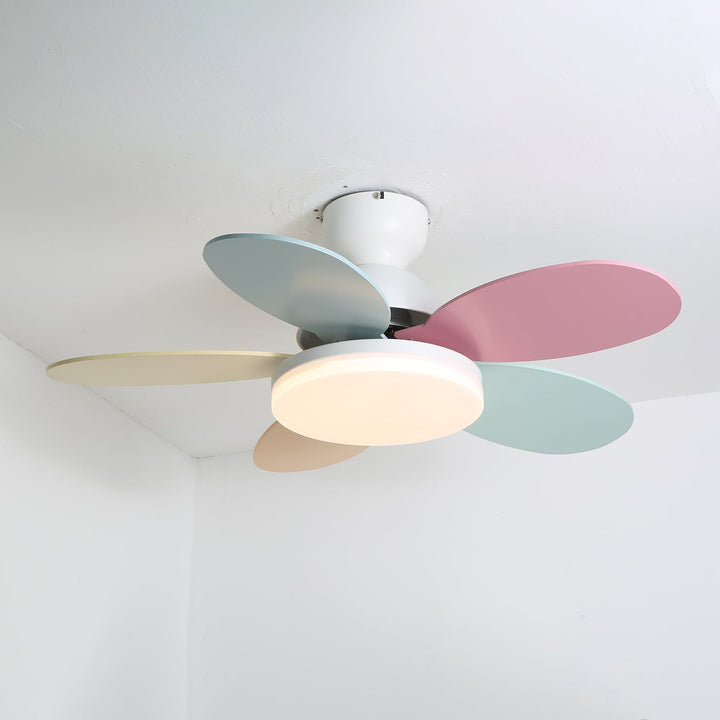 Contemporary ceiling fan, remote control, with warm LED light for modern homes.