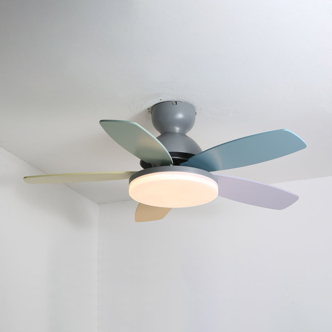 Quiet fan with wooden blades, modern style, and warm integrated LED light.