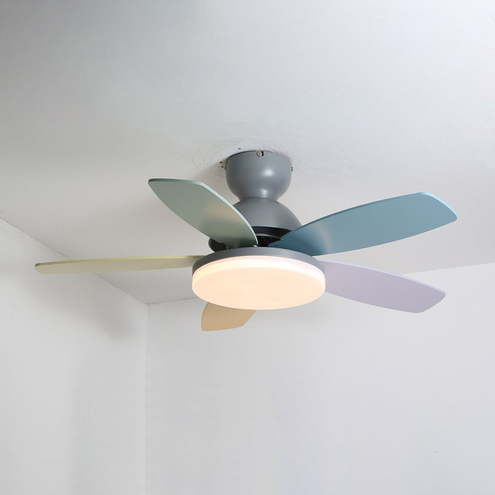 Quiet fan with wooden blades, modern style, and warm integrated LED light.