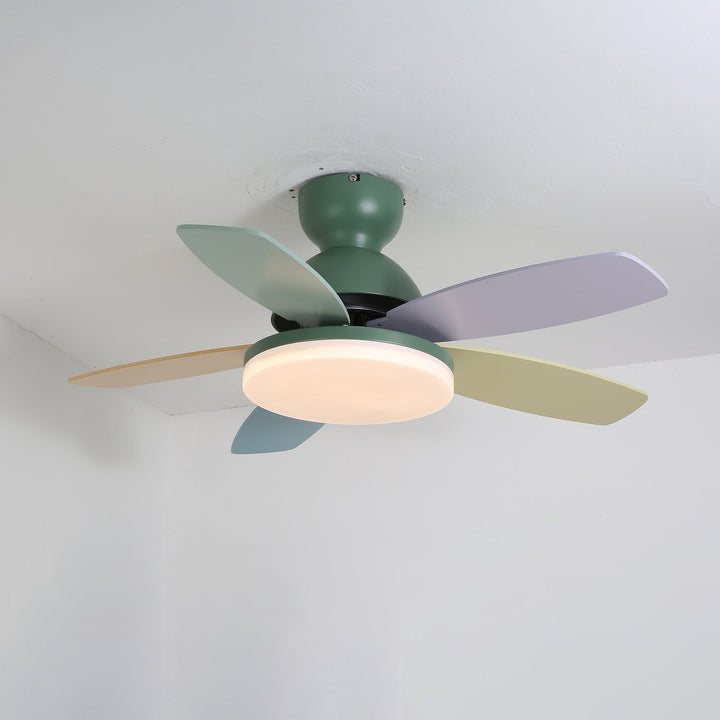 Home lighting and cooling: Modern ceiling fan with warm LED light.