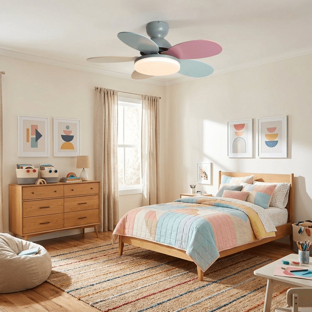 Remote control ceiling fan with modern design and warm integrated LED light.
