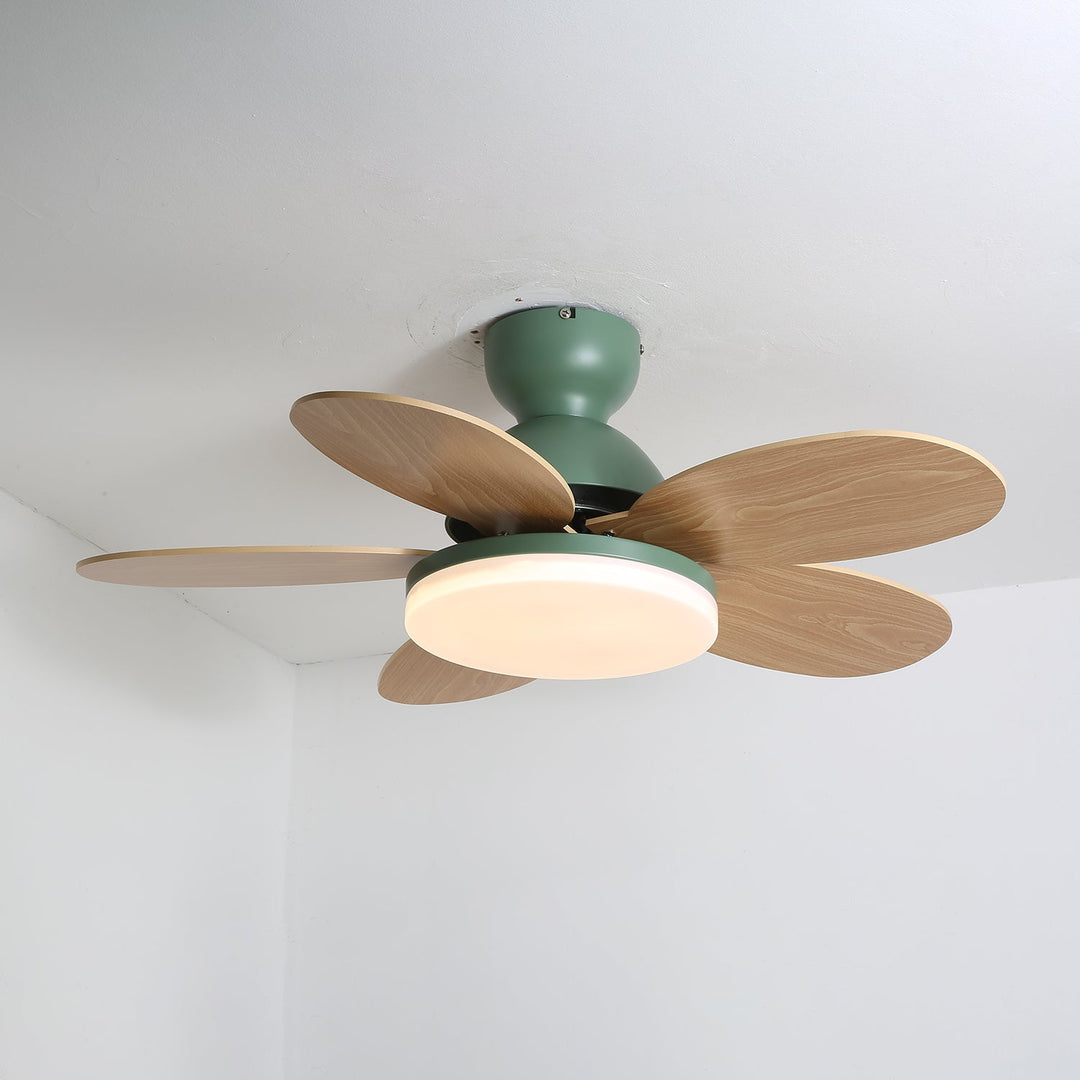 Elegant remote-controlled ceiling fan with warm LED light for comfort.