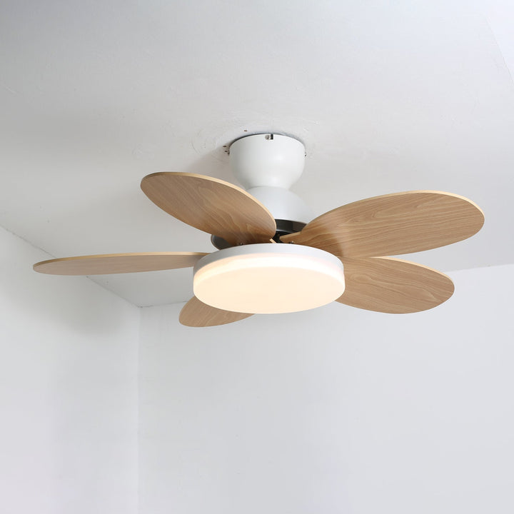 Bedroom ceiling fan with modern aesthetic, warm LED light, and quiet motor.