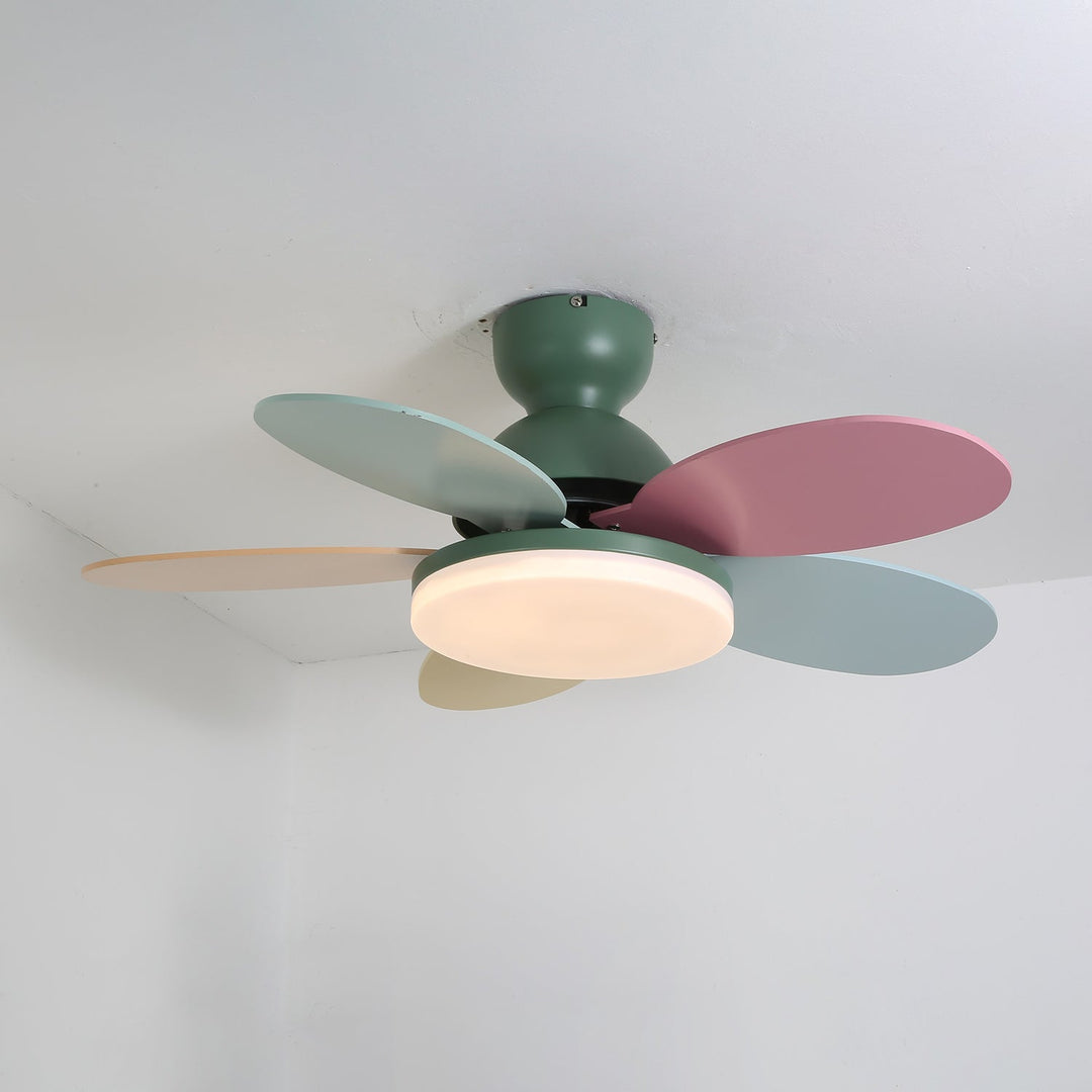 Living room modern fan with warm LED light, providing ambient illumination.