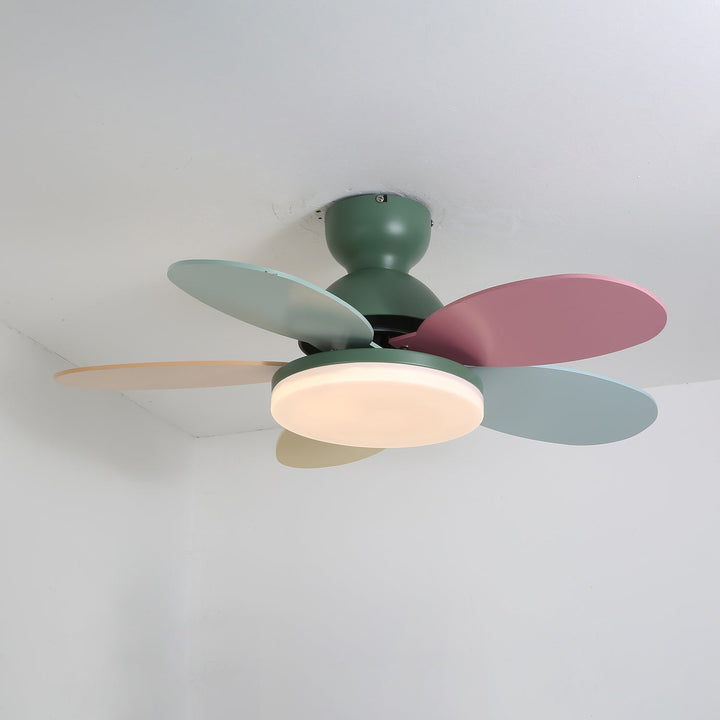 Living room modern fan with warm LED light, providing ambient illumination.
