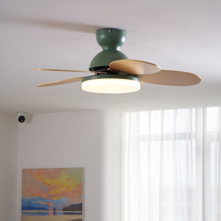 Indoor ceiling fan with warm LED light, wooden blades, and modern appeal.
