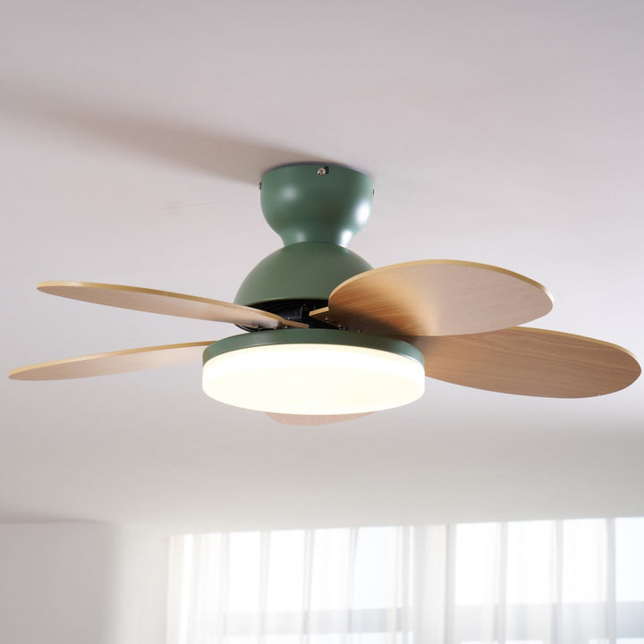 Bedroom fan with warm LED light, modern design, and quiet operation.