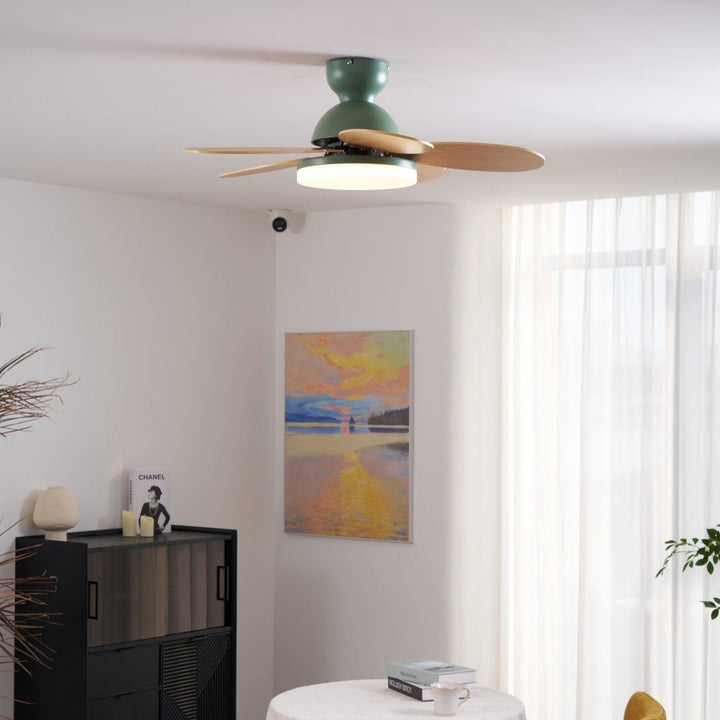 Living room ceiling fan, stylish and quiet, with warm integrated LED light.
