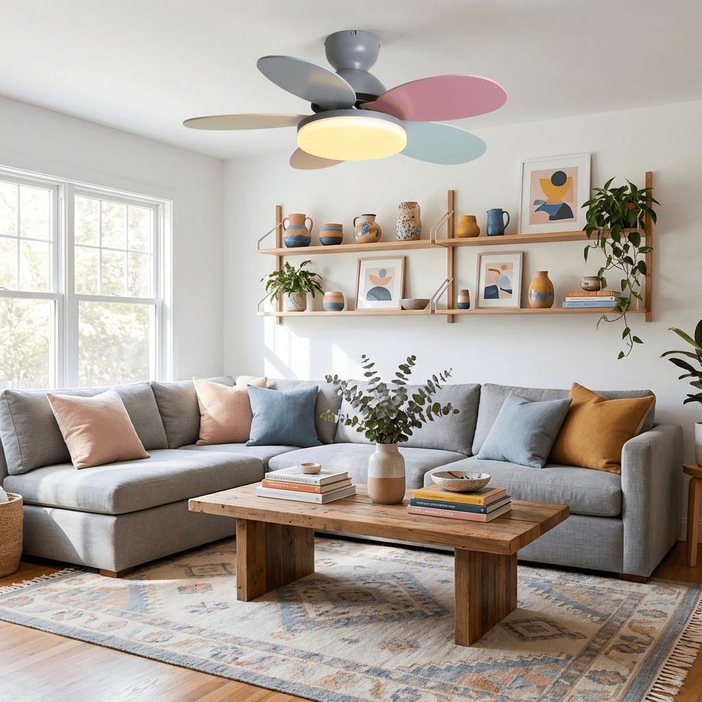 Elegant ceiling fan with warm LED light, ideal for living room or bedroom.