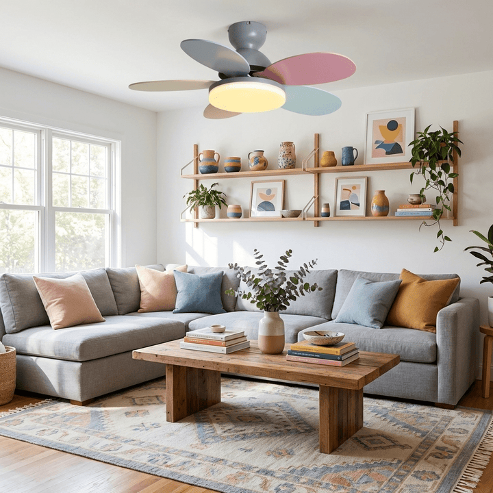 Elegant ceiling fan with warm LED light, ideal for living room or bedroom.