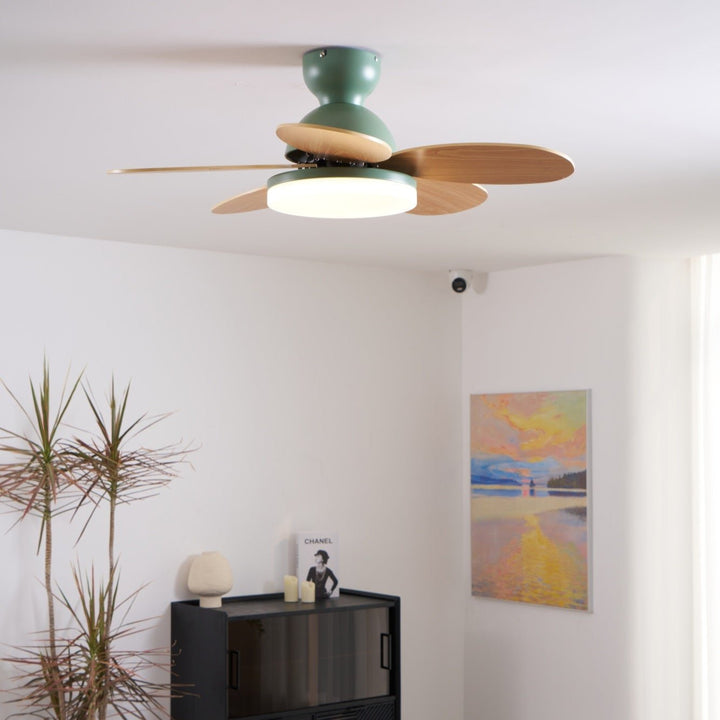 Modern ceiling fan with warm LED light and remote control for ultimate convenience.