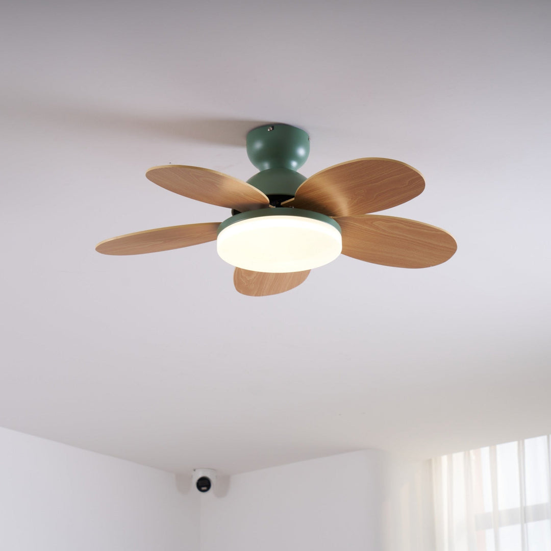 Remote control ceiling fan with warm LED light, modern, and energy-efficient.