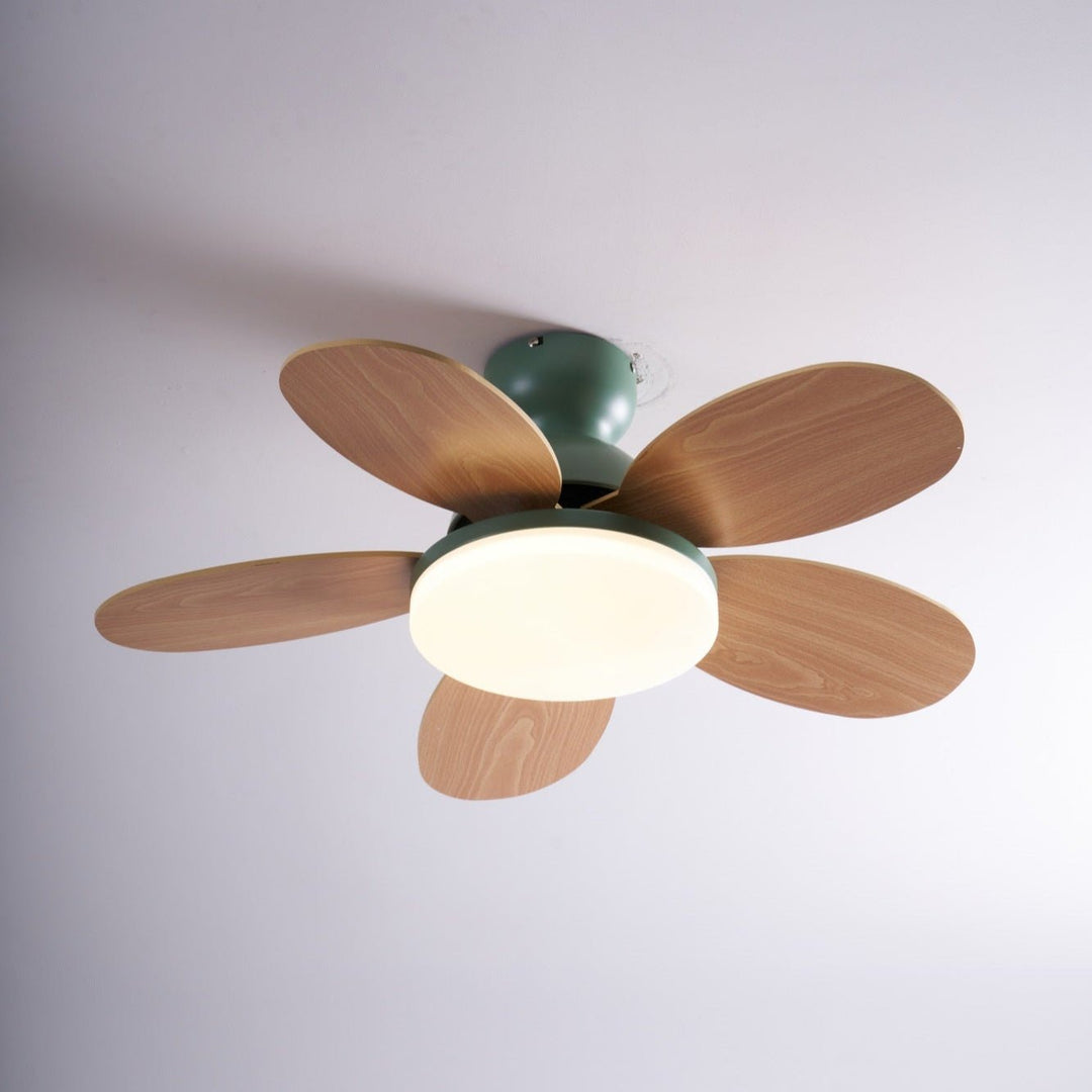 Elegant ceiling fan with warm LED light, wooden blades, and contemporary flair.