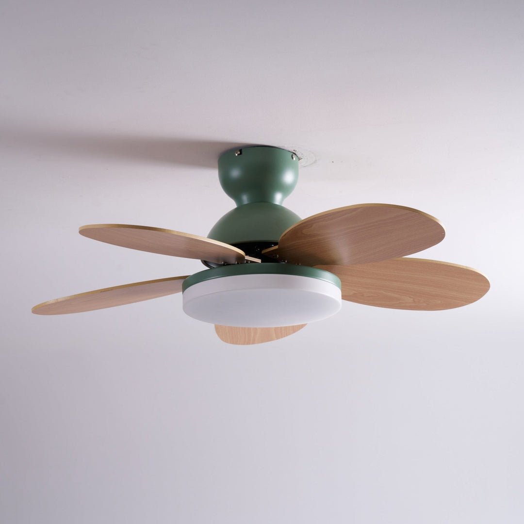 Living room ceiling fan, remote-controlled, with warm LED light for modern living.
