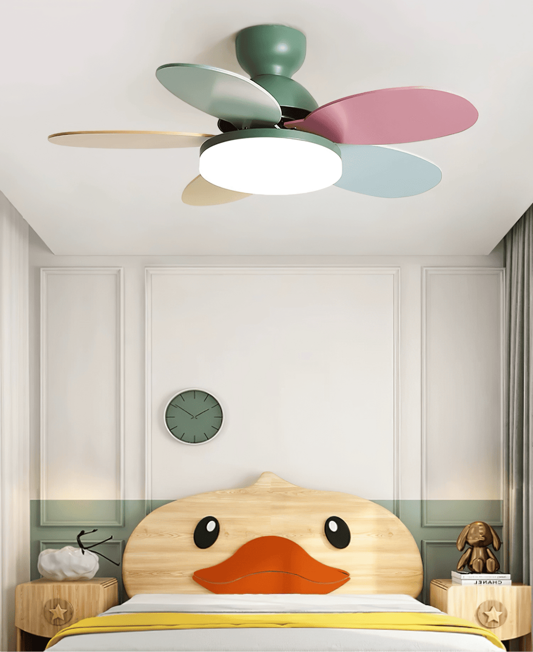 Stylish indoor fan with warm integrated LED light and wooden blade design.