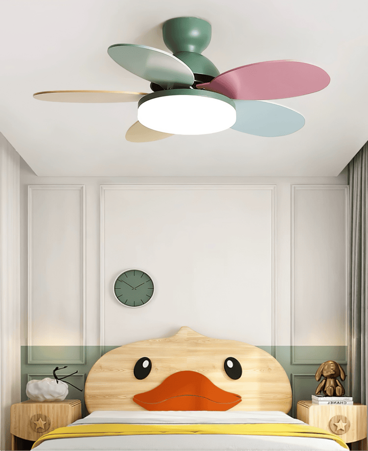 Stylish indoor fan with warm integrated LED light and wooden blade design.