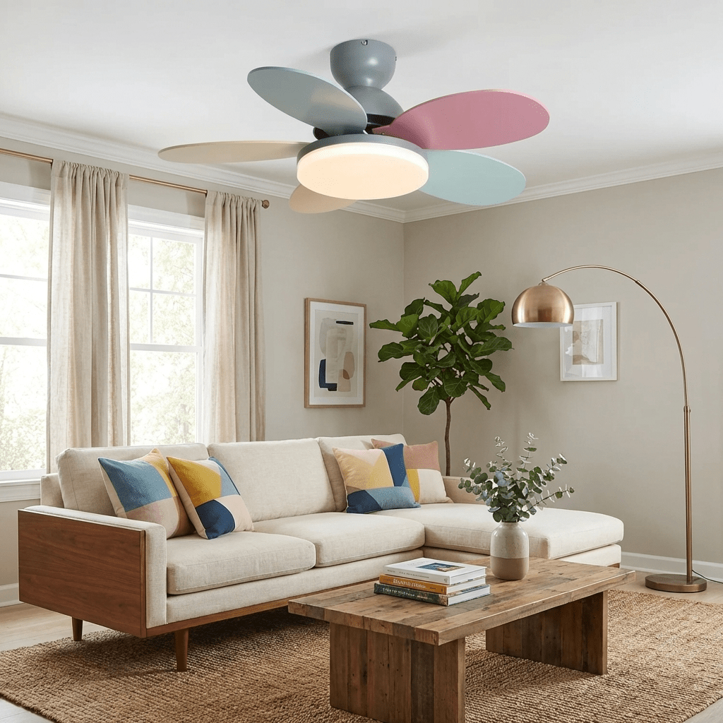 Contemporary ceiling fan with wooden blades, warm LED light, and quiet operation.
