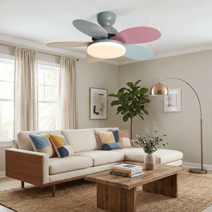 Contemporary ceiling fan with wooden blades, warm LED light, and quiet operation.