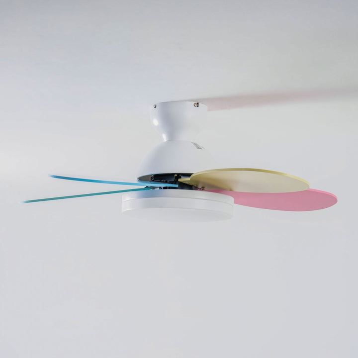 Home lighting: Modern ceiling fan with warm LED light & wooden blades.