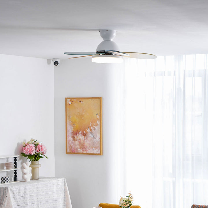 Bedroom ceiling fan with warm LED light, remote, and quiet performance.