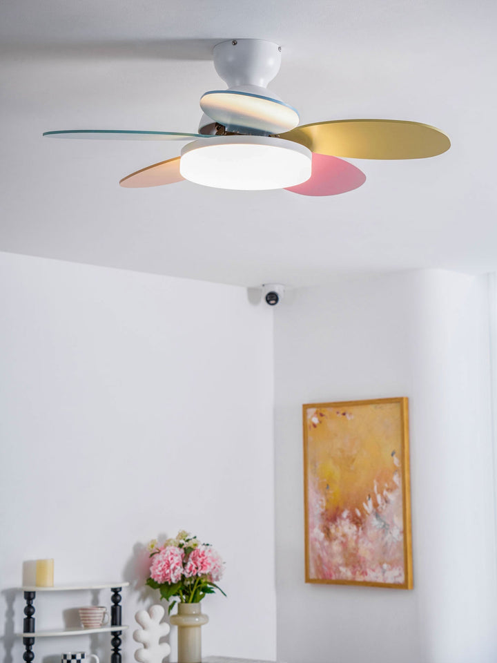 Quiet ceiling fan with remote control, warm LED light, and modern design.