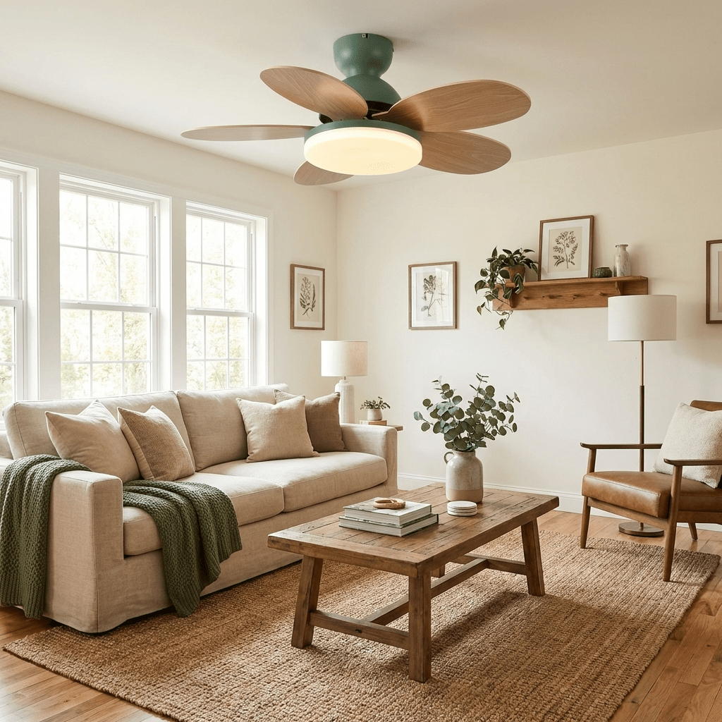 Stylish home lighting ceiling fan featuring a warm LED and modern aesthetic.