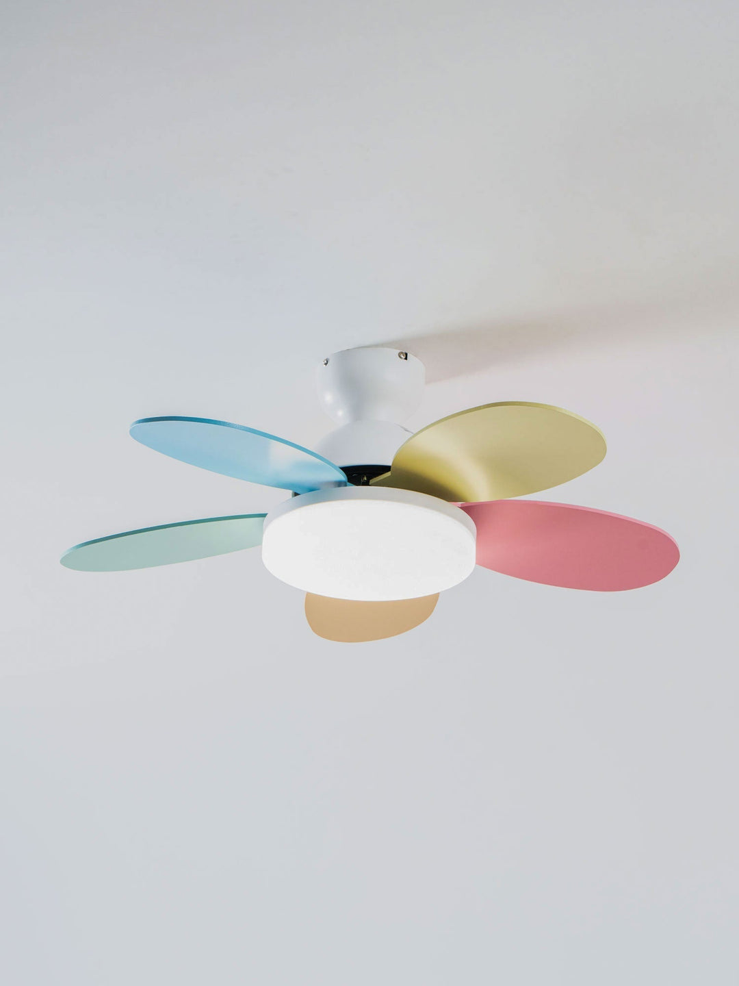 Bedroom ceiling fan, warm LED light, modern, and remote-controlled for ease.