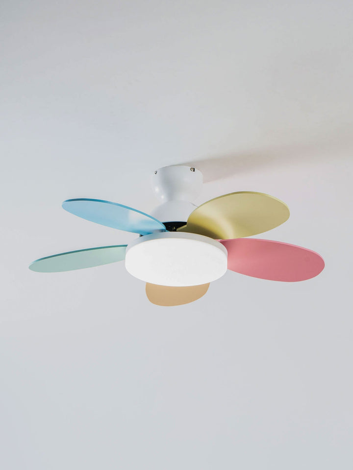 Bedroom ceiling fan, warm LED light, modern, and remote-controlled for ease.