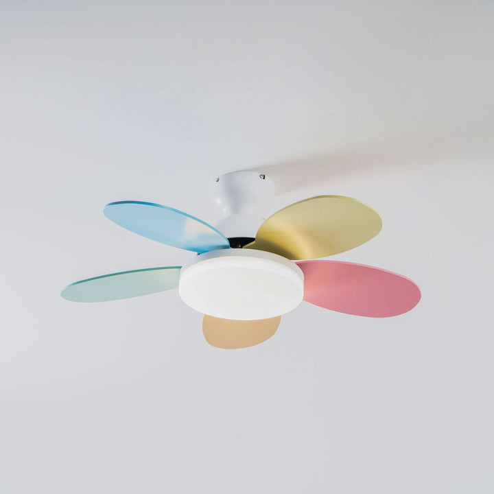Living room ceiling fan with warm LED light, modern, quiet, and stylish.