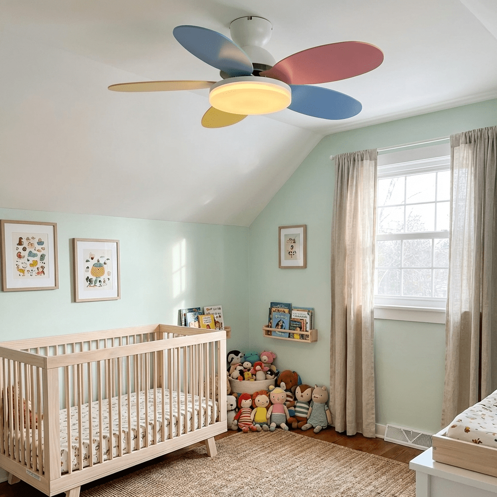 LED ceiling fan with warm light, sleek design, and efficient air movement.